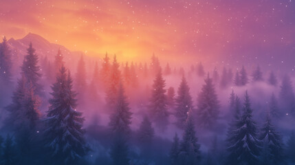 Obraz premium A tranquil aerial view of a snow-covered forest at twilight, with a soft gradient sky of purple and orange. The snow sparkles faintly, and a thin layer of mist weaves through the trees.