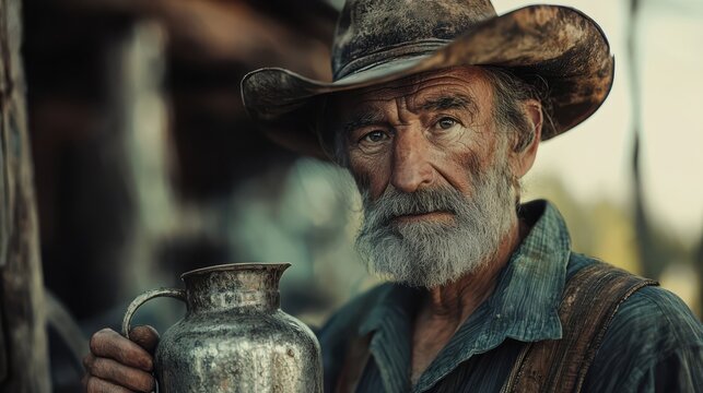 The weathered rancher, a portrait of resilience and time. A solitary figure, etched with the tales of years spent under the sun and stars
