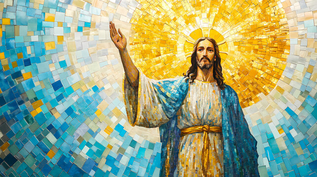 Mosaic of jesus standing tall with a hand raised in blessing, his face calm and serene, golden halo radiating light, vibrant blue and gold tiles adorning his robe,. Aureole. Illustration
