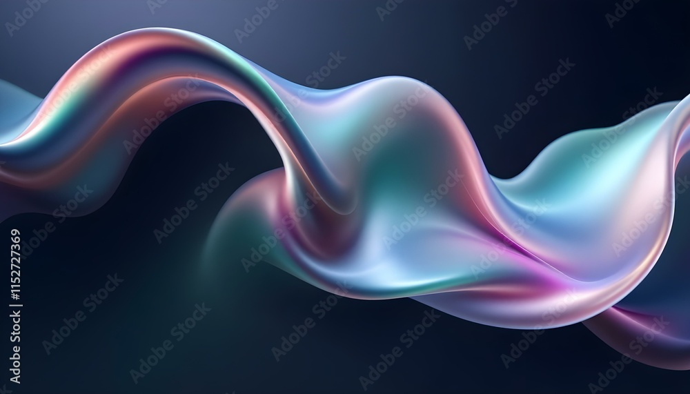 Poster Holographic iridescent neon curved wave in abstract fluid motion against a dark background creating a dynamic 3d render. 3d abstract design against a dark background for modern or tech themes