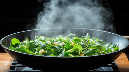 Fresh green vegetables being stir fried in hot pan, releasing steam and aroma