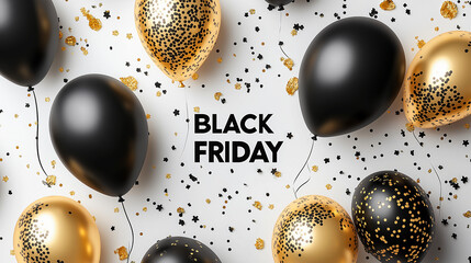 Black Friday festive celebration black gold balloons sparkling confetti luxury sale event minimalistic modern design elegant holiday shopping promotional concept vibrant composition campaign marketing