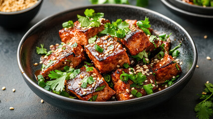 Delicious vegan seitan cubes garnished with fresh herbs and sesame seeds