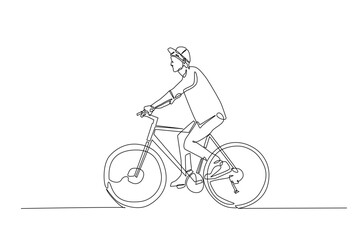 Fototapeta premium Man riding bicycle continuous one line drawing. Riding bike single line art illustration. Editable vector.