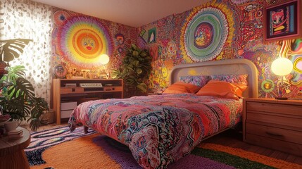 Psychedelic Bedroom Decor: Vibrant Tapestry and Bohemian Chic