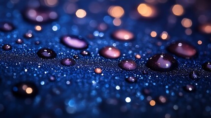 Water Droplets Glisten On A Sparkling Blue Surface