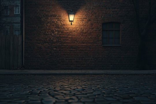 Illuminated cobblestone street at night, brick wall with lamp.