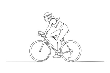 Woman riding bicycle continuous one line drawing. Riding bike single line art illustration. Editable vector.