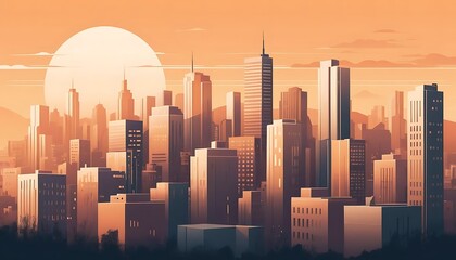 Obraz premium Golden Hour Cityscape Sunset Skyline Buildings