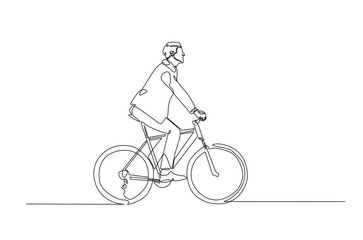 Man riding bicycle continuous one line drawing. Riding bike single line art illustration. Editable vector.