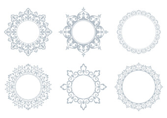 Set of decorative frames Elegant vector element for design in Eastern style, place for text. Floral gray and white borders. Lace illustration for invitations and greeting cards