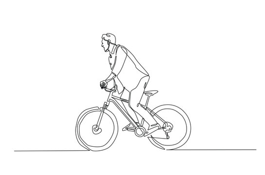 Man riding bicycle continuous one line drawing. Riding bike single line art illustration. Editable vector.