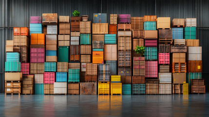 Fototapeta premium Colorful stacks of boxes in warehouse create vibrant and organized display. neat arrangement adds lively touch to industrial space