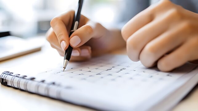 A person writing down goals on a fresh page in a journal at a neatly arranged desk