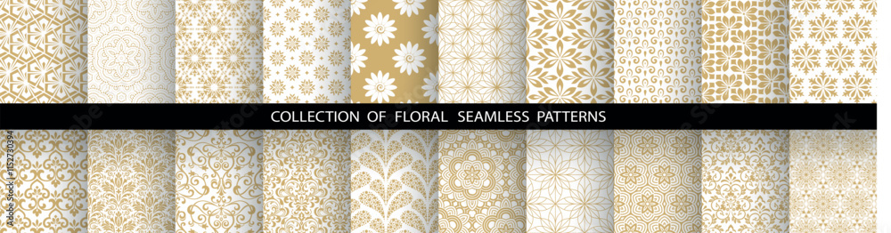 Poster geometric floral set of seamless patterns. white and golden vector backgrounds. damask graphic ornam