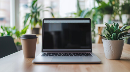 home office setup with a laptop, cozy environment, coffee cup, productive remote work