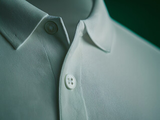 White polo shirt mockup detailed cotton texture isolated green background close-up collar button minimalist apparel clothing design display ecommerce clean sleek soft retail fabric teal visual casual
