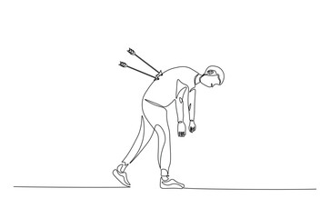 Dejected man with arrow in his back continuous one line drawing. Arrow in person back single line art illustration. Editable vector. Sacrifice, sadness, and lonely concept.