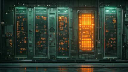 Futuristic server room with glowing data panels and industrial design, showcasing technology and innovation