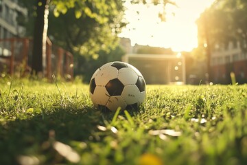 Obraz premium Soccer ball on grassy field at sunset. (1)