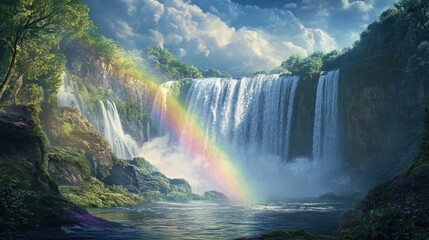 Fototapeta premium Enchanted Waterfall Landscape: A Rainbow's Embrace