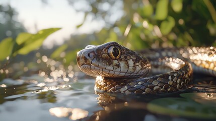 Naklejka premium Serpentine Sunrise: A Snake's Aquatic Gaze