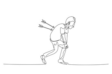 Dejected man with arrow in his back continuous one line drawing. Arrow in person back single line art illustration. Editable vector. Sacrifice, sadness, and lonely concept.