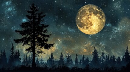 Fototapeta premium Majestic Night: Enormous Moon over Silhouetted Forest