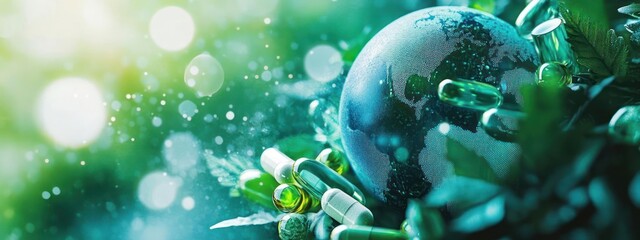 A digital art depiction of a stylized globe encapsulated by greenery with a glowing sun and speckled sky in the background.