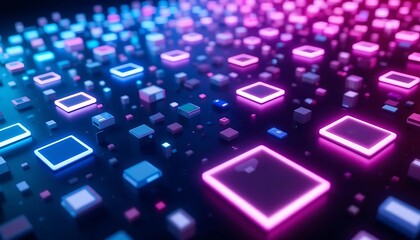 Glowing Neon Cubes Abstract Digital Landscape