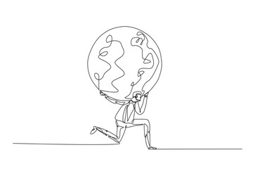 Man holding earth globe continuous one line drawing. Holding globe for save world environment single line art illustration concept. Editable vector.