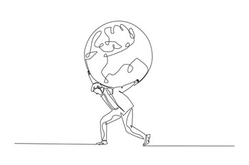 Man holding earth globe continuous one line drawing. Holding globe for save world environment single line art illustration concept. Editable vector.