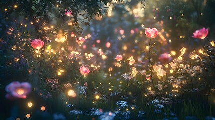 A mystical garden illuminated by soft moonlight and scattered glowing flowers