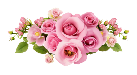 Pink rose, eustoma and yellow limonium flowers in a floral arrangement isolated on white or transparent background