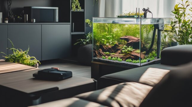 A detailed aquascaping setup in a modern living room, Aquascaping tools and materials neatly arranged around an aquarium, Minimalist indoor style