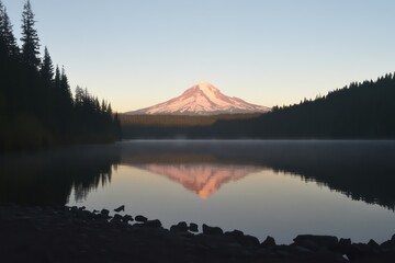Fototapeta premium A breathtaking view of Mt. Hood reflected in the still waters of Trillium Lake at sunrise, with golden and pink hues lighting up the sky.