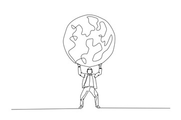 Man holding earth globe continuous one line drawing. Holding globe for save world environment single line art illustration concept. Editable vector.