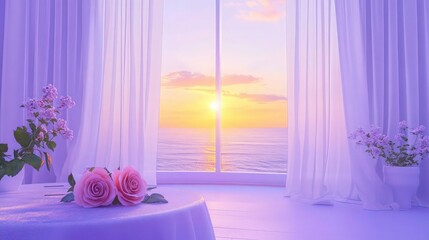 Minimalist interior space with a low table holding pink roses against a bright window view of a warm, colorful sunset for editorial use.