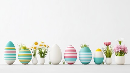 A minimalistic lineup of pastel-striped Easter eggs and tiny flowers on a clean white background, creating a stylish spring decoration