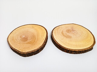 round flat wood pieces, circular wood grain texture visible on a white background