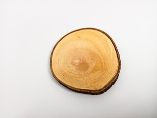 round flat wood pieces, circular wood grain texture visible on a white background