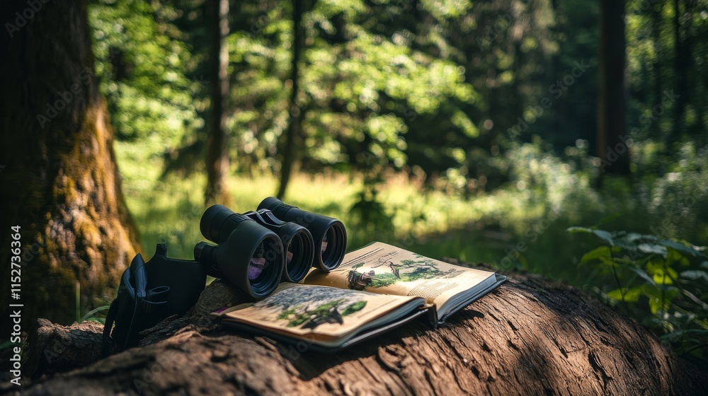 Poster A detailed birdwatching setup in a forest clearing, Binoculars and bird guides neatly arranged on a log, Minimalist outdoor style