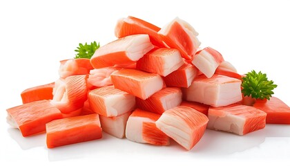 A pile of sliced imitation crab meat is displayed on a white background
