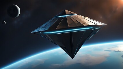 A triangular spaceship with sharp, geometric edges hovering above a glowing spherical planet.