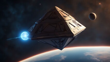 A triangular spaceship with sharp, geometric edges hovering above a glowing spherical planet.