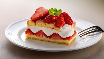 A slice of strawberry shortcake is topped with whipped cream on a white plate, with a fork beside it.