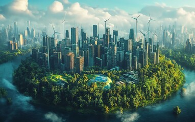 Naklejka premium A 3D illustration of the Earth surrounded by wind turbines