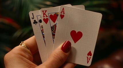 Close-up of a hand holding three playing cards Jack of Clubs, King of Hearts, and Ace of Hearts.