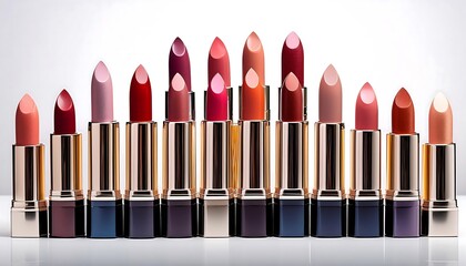 Obraz premium An arrangement of several lipsticks in various colors is displayed on a white background.