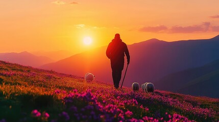 Silhouetted shepherd with flock at sunset in mountains.